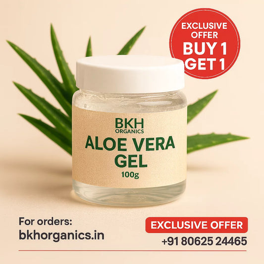 BKH Organics Aloe Vera Gel jar with promotional text on a beige background