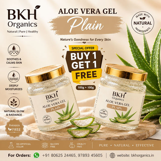 BKH Organics Aloe Vera Gel packaging with a special offer on a beige background