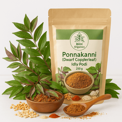 BKH Organics Ponnakanni Idly Podi packaging with green leaves and spices on a white background