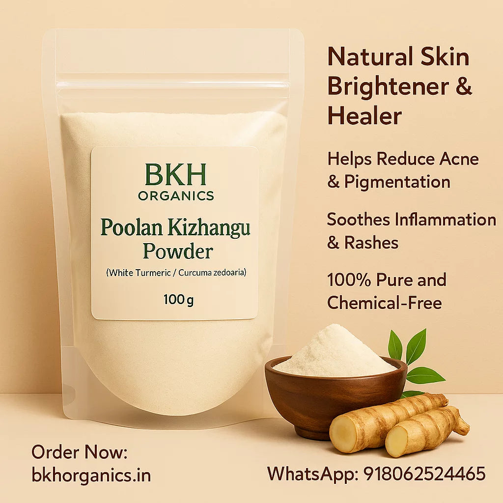 BKH Organics Poolan Kizhangu Powder packaging with ingredients on a beige background, White Turmeric Powder
