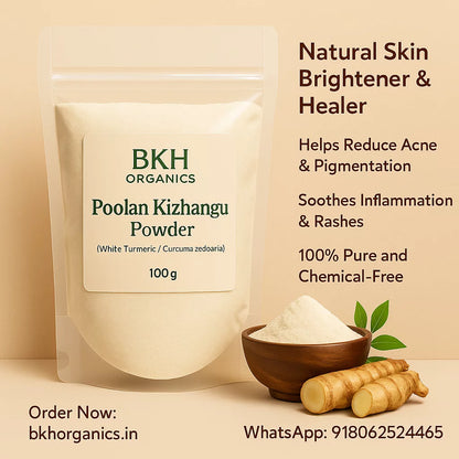BKH Organics Poolan Kizhangu Powder packaging with ingredients on a beige background, White Turmeric Powder