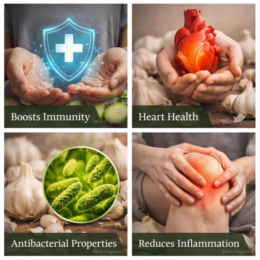 Four images showcasing health benefits of garlic: immunity boost, heart health, antibacterial properties, and reduced inflammation. BKH Organics