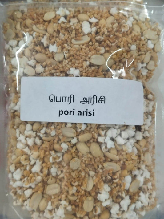 Packaged food item labeled 'pori arisi' with a clear plastic cover. Pori arisi 300g - BKH Organics