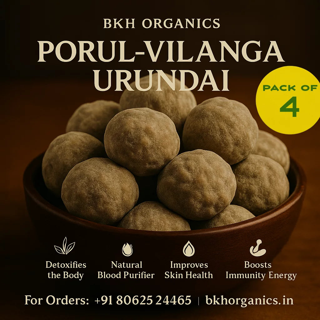 Bowl of Porul-Vilanga Urundai with promotional text on a dark background