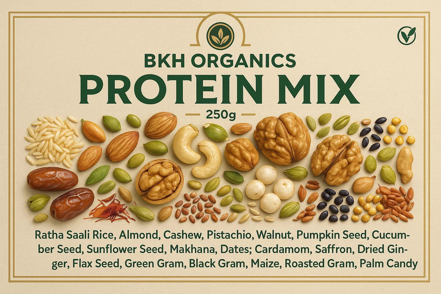 BKH Organics Protein Mix packaging with various seeds and nuts on a beige background