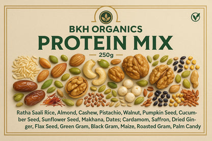BKH Organics Protein Mix packaging with various seeds and nuts on a beige background