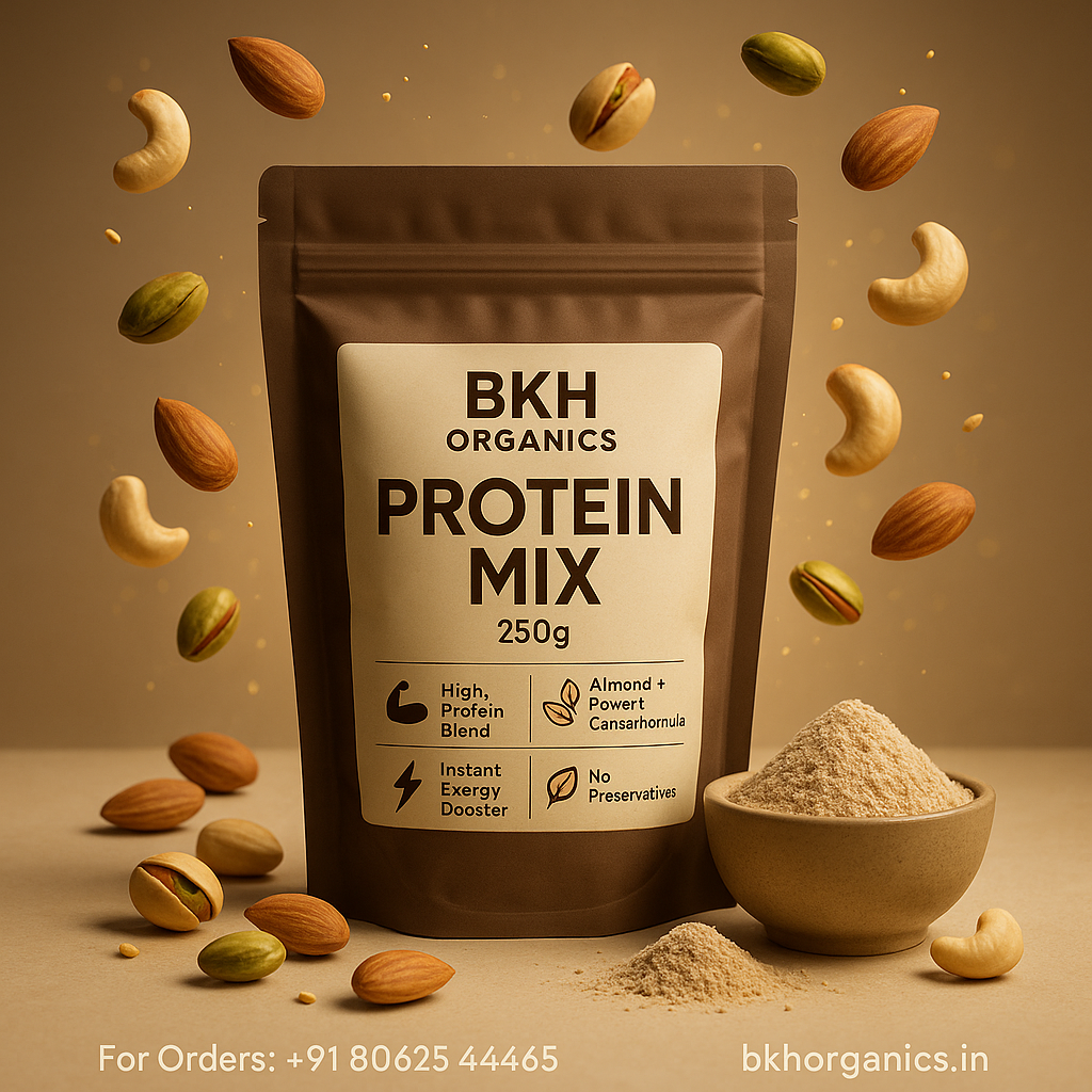 BKH Organics Protein Mix packaging with protein powder and nuts on a brown background