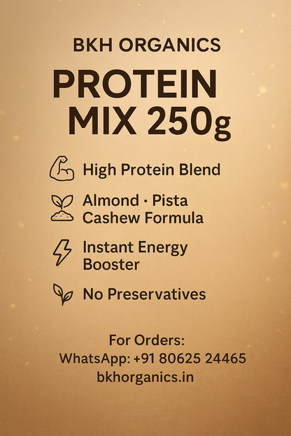 BKH Organics Protein Mix 250g packaging with product details on a brown background