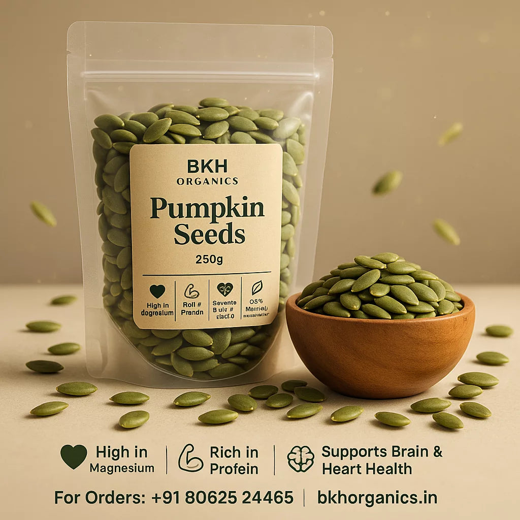 BKH Organics pumpkin seeds packaging with seeds in a bowl on a beige background