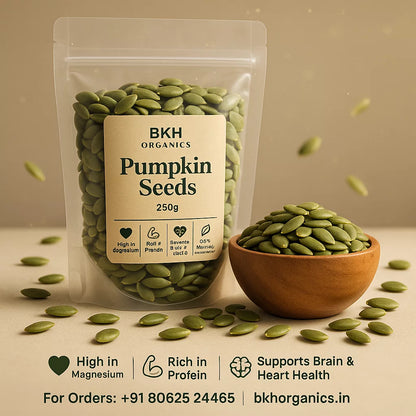 BKH Organics pumpkin seeds packaging with seeds in a bowl on a beige background