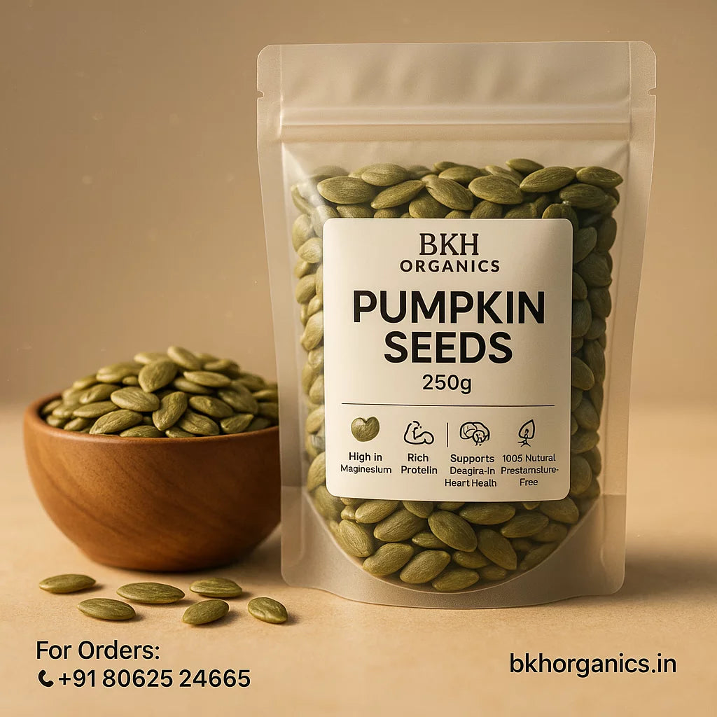 Packaged pumpkin seeds with a bowl of seeds and BKH Organics label on a beige background