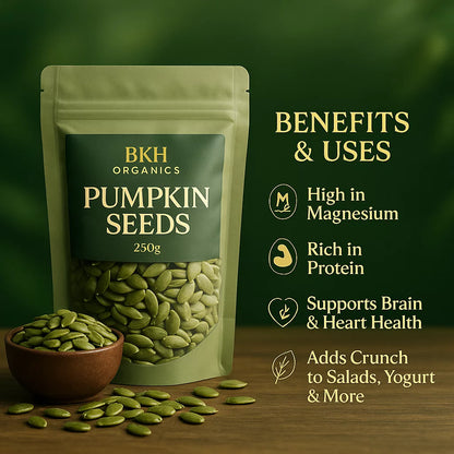 BKH Organics pumpkin seeds packaging with benefits listed on a green background