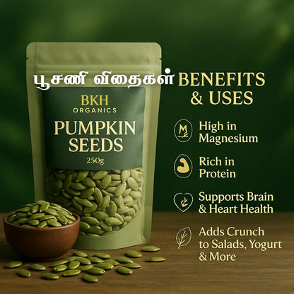BKH Organics pumpkin seeds packaging with benefits listed on a green background