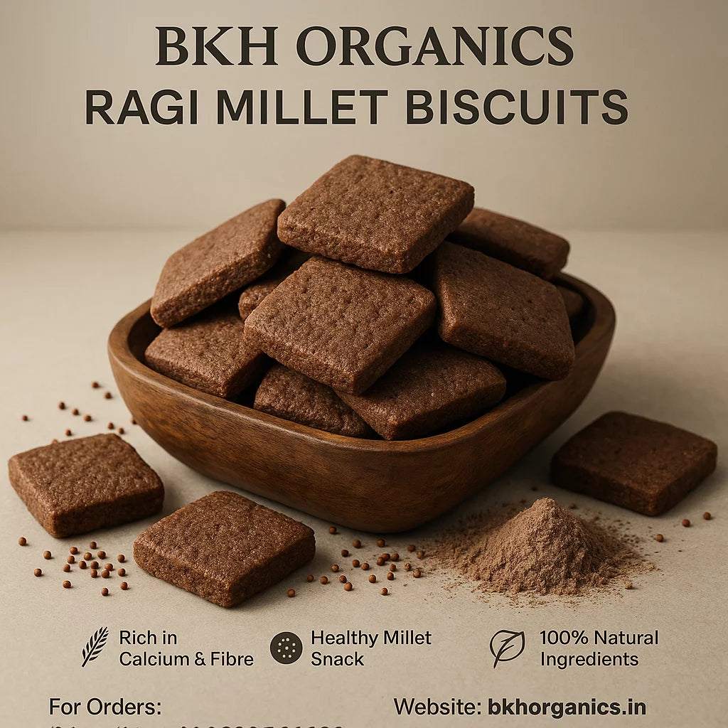 Bowl of BKH Organics Ragi Millet Biscuits with product details on a beige background