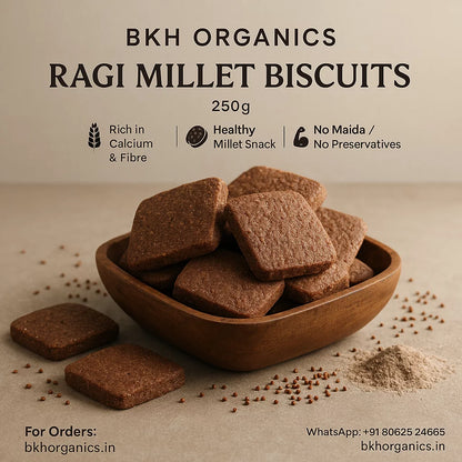 Bowl of BKH Organics Ragi Millet Biscuits with product details on a beige background