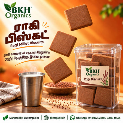 BKH Organics Ragi Millet Biscuits shown in a clear plastic jar with several biscuits floating above, alongside a small metal cup, a bowl of raw ragi grains, and a warm orange background with product text in English and Tamil. BKH Organics Ragi Millet Biscuits (தமிழ்: ராகி பிஸ்கட், తెలుగు: రాగి బిస్కెట్లు, ಕನ್ನಡ: ರಾಗಿ ಬಿಸ್ಕತ್ತುಗಳು, മലയാളം: റാഗി ബിസ്ക്കറ്റ്, ತುಳು: ರಾಗಿ ಬಿಸ್ಕೆಟ್) square cookies in an acrylic container with a stainless steel tea tumbler and raw finger millet seeds