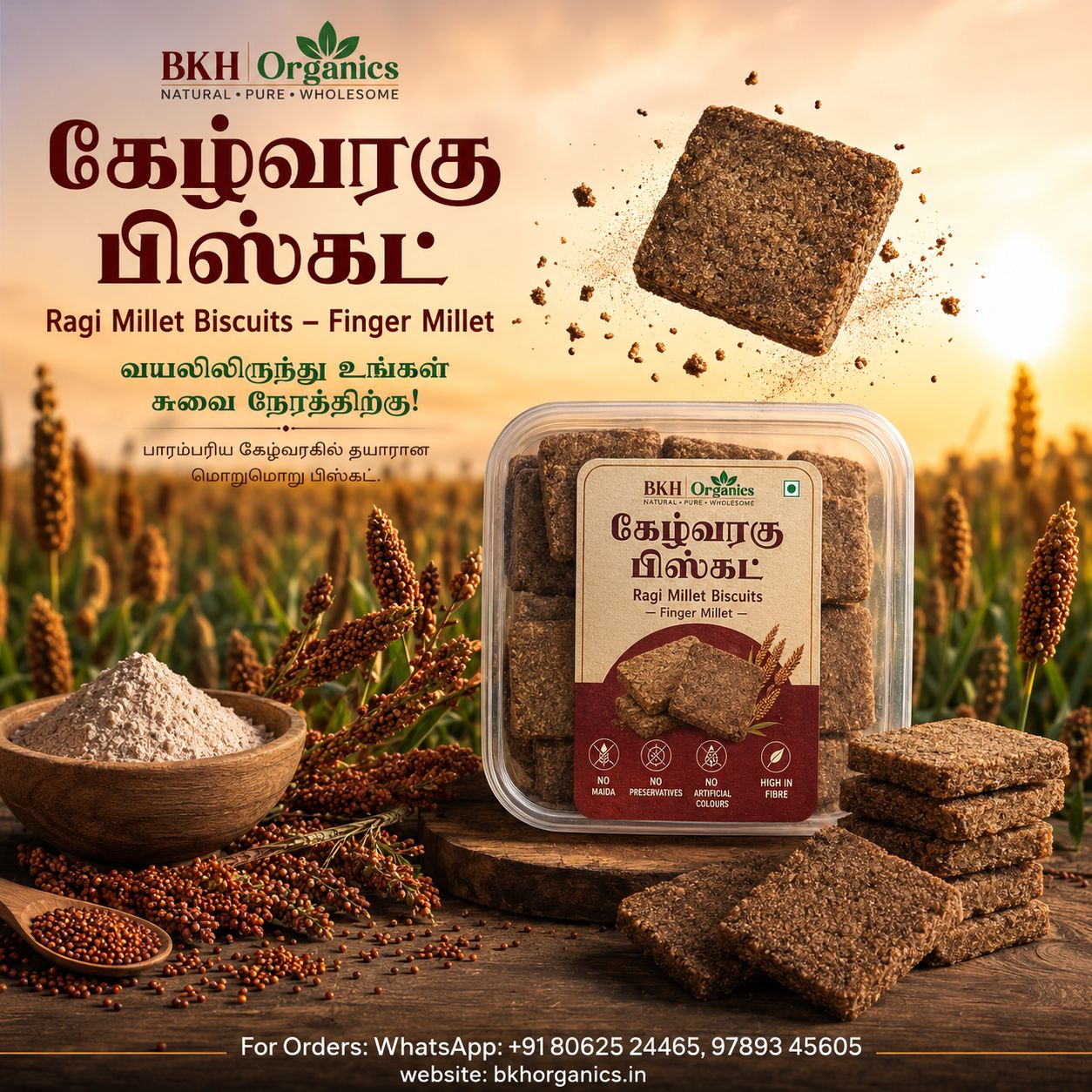 A packaged pack of BKH Organics Ragi Millet Biscuits stands on a rustic wooden surface with scattered biscuits, a bowl of flour, and wheat stalks in a field at sunset. Large Tamil and English text appears at the top and bottom as promotional overlay. ராகி பிஸ்கட்டு | Ragi Millet Biscuits by BKH Organics