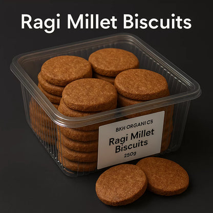 Container of Ragi Millet Biscuits with a label on a dark background, Ragi Millet Biscuits - BKH Organics