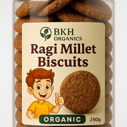 Pack of BKH Organics Ragi Millet Biscuits with a cartoon character on the label.