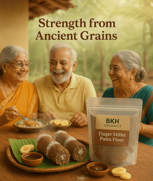 Three elderly people enjoying a meal with a package of BKH Organics Finger Millet Puttu Flour. Ragi Puttu Mavu 500g - BKH Organics