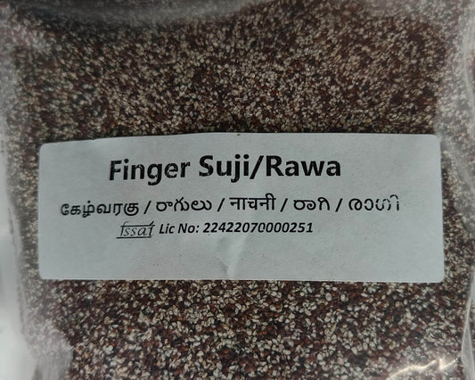 Packaged product labeled 'Finger Suji/Rawa' with a label on top. Ragi Rava - BKH Organics