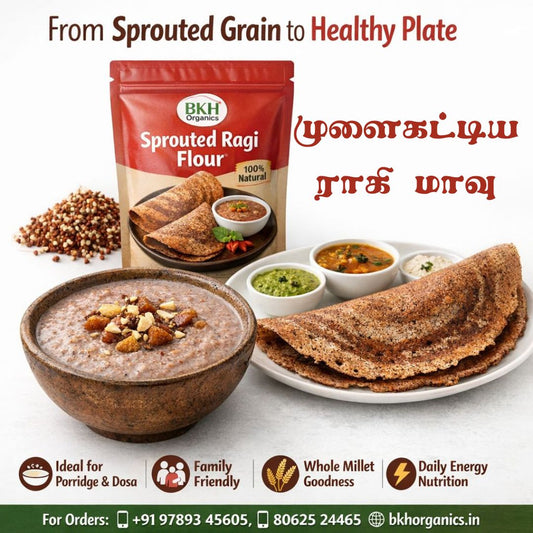 BKH Organics sprouted ragi flour package with food items on a white background