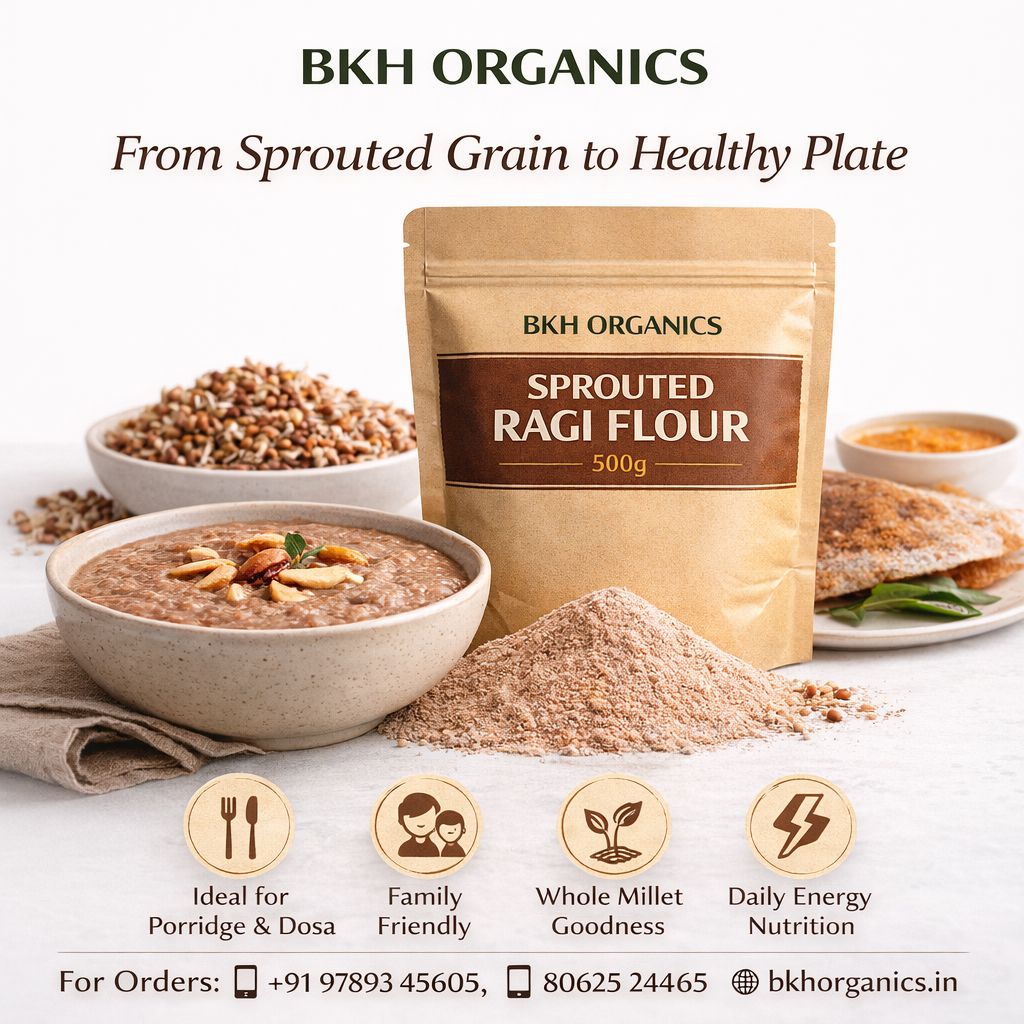 BKH Organics sprouted ragi flour package with bowls of porridge and flour on a white background