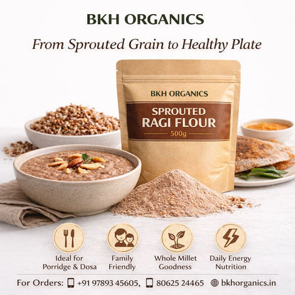 BKH Organics sprouted ragi flour package with bowls of porridge and flour on a white background