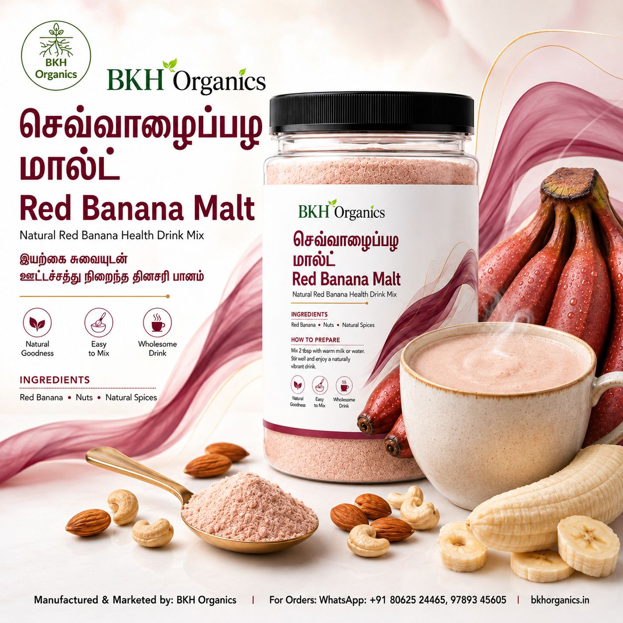 A jar of BKH Organics Red Banana Malt drink mix is shown with banana slices, almonds, a spoonful of the pink powder, and a mug on a styled background with text and ingredient callouts.
