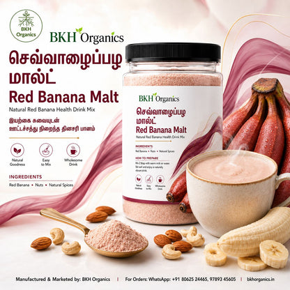 A jar of BKH Organics Red Banana Malt drink mix is shown with banana slices, almonds, a spoonful of the pink powder, and a mug on a styled background with text and ingredient callouts.