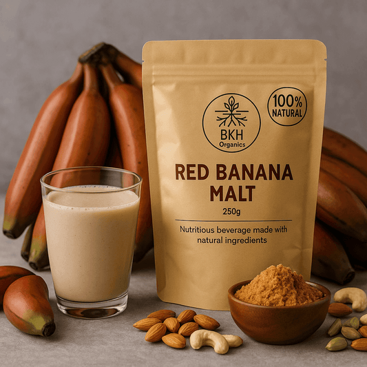 BKH Organics Red Banana Malt package with a glass of malt beverage, bowl of powder, and bananas on a gray background