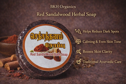 Red sandalwood herbal soap with a BKH Organics label on a brown background
