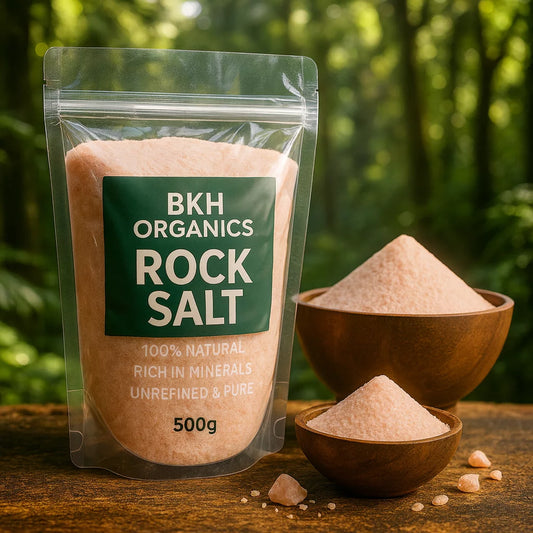 BKH Organics rock salt packaging with a natural background