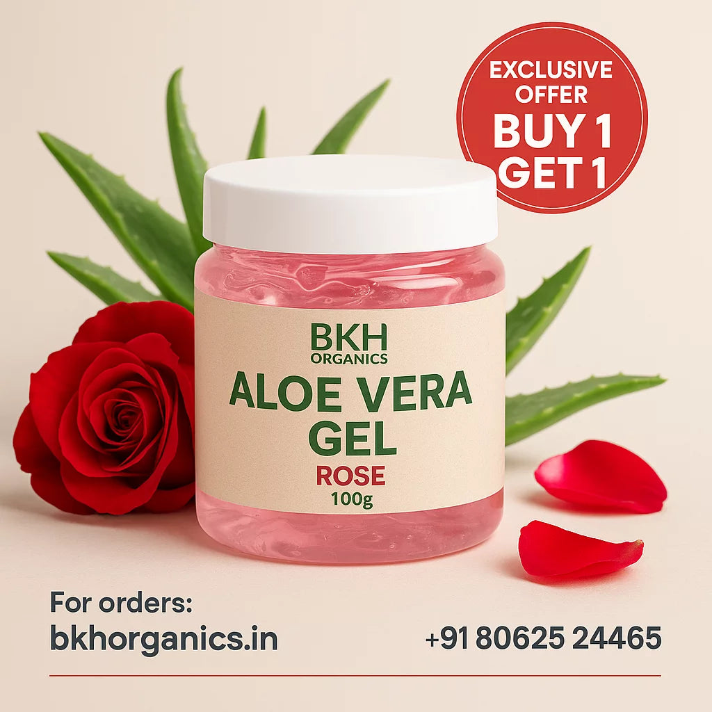 BKH Organics Aloe Vera Gel Rose with a red rose and green leaves on a beige background