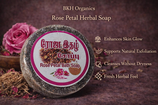 Rose Petal Herbal Soap with BKH Organics branding on a dark background