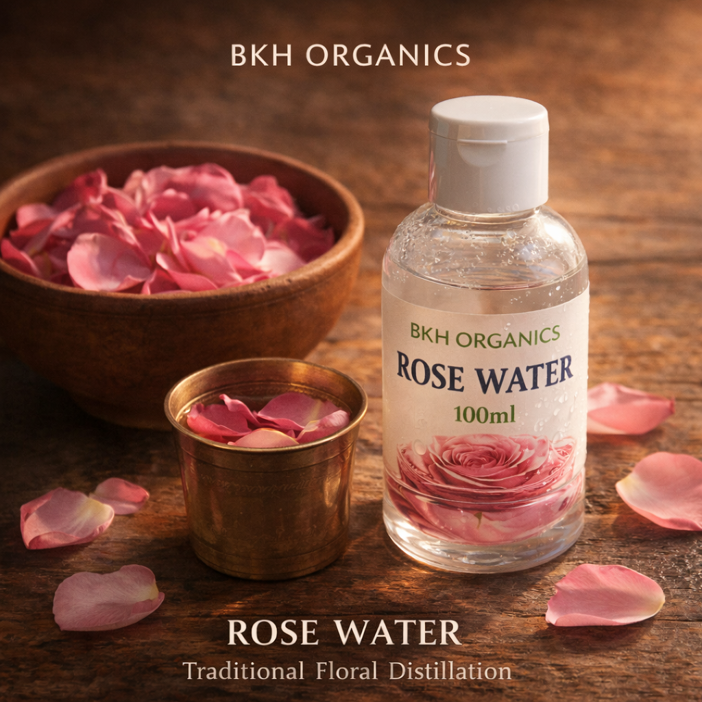 Bottle of BKH Organics Rose Water with rose petals on a wooden surface