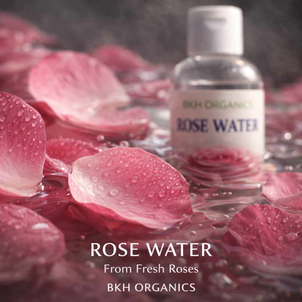 Bottle of rose water with pink rose petals on a dark background