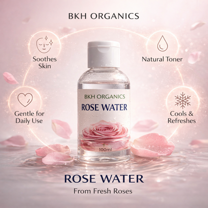 Bottle of BKH Organics Rose Water with rose petals and product benefits on a soft pink background