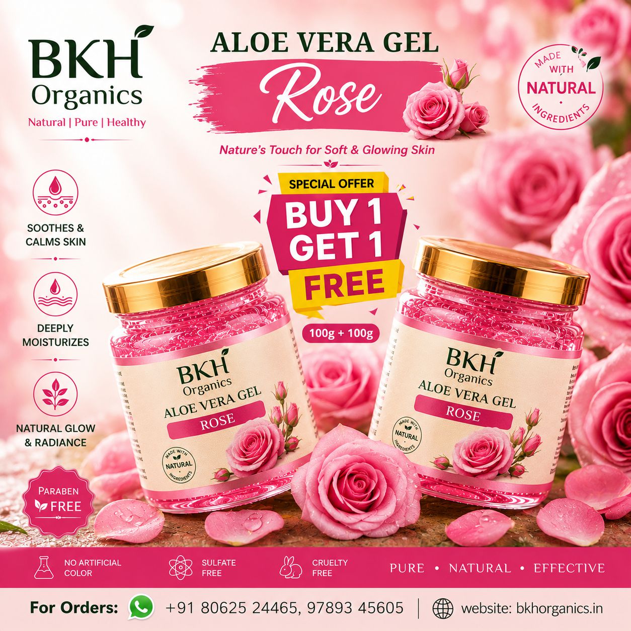 BKH Organics Aloe Vera Gel Rose with promotional offer on a pink floral background