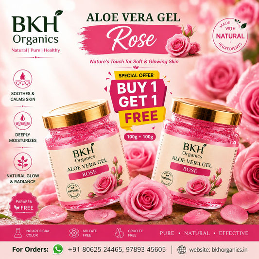 BKH Organics Aloe Vera Gel Rose with promotional offer on a pink floral background