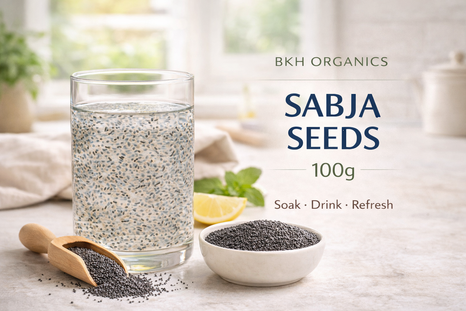 Glass of water with sabja seeds, bowl of seeds, and spoon on a light background with 'BKH Organics' branding.
