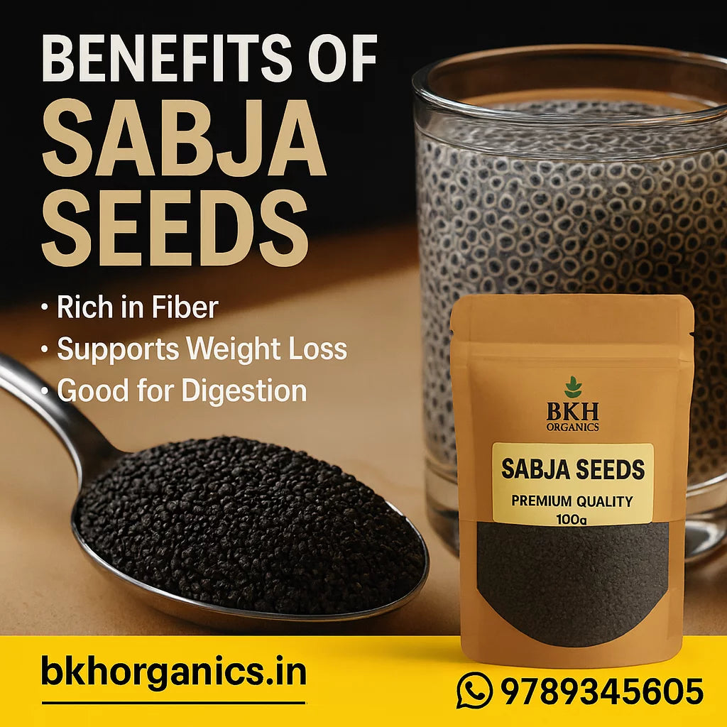 Sabja seeds with a spoonful, a package, and a glass of water on a wooden surface, with text about benefits and BKH Organics branding.