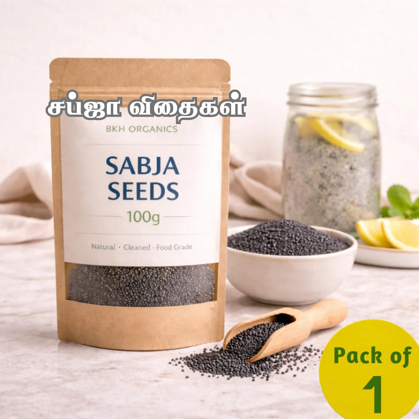 Bag of BKH Organics Sabja Seeds with seeds on a table