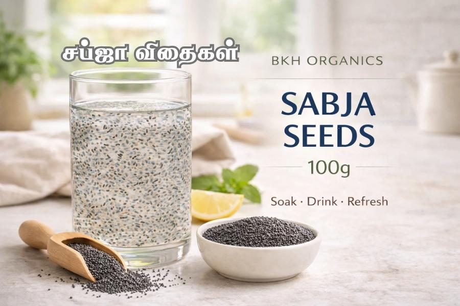 BKH Organics Sabja Seeds packaging with a glass of water and seeds on a table.