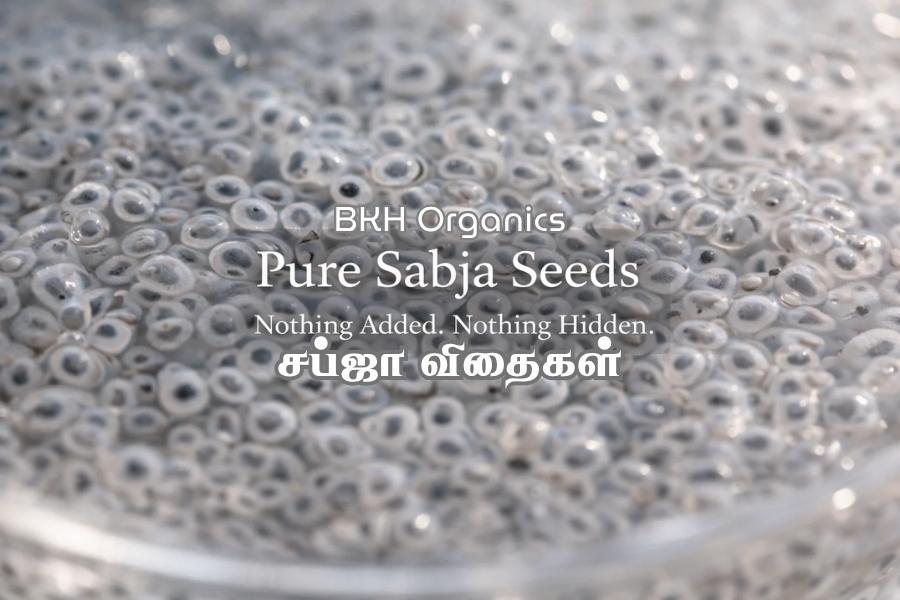 BKH Organics Pure Sabja Seeds with text overlay on a close-up of seeds.