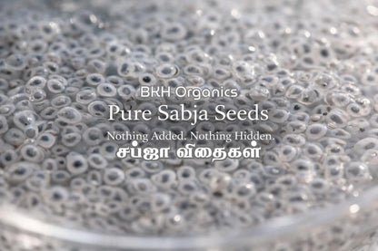 BKH Organics Pure Sabja Seeds with text overlay on a close-up of seeds.
