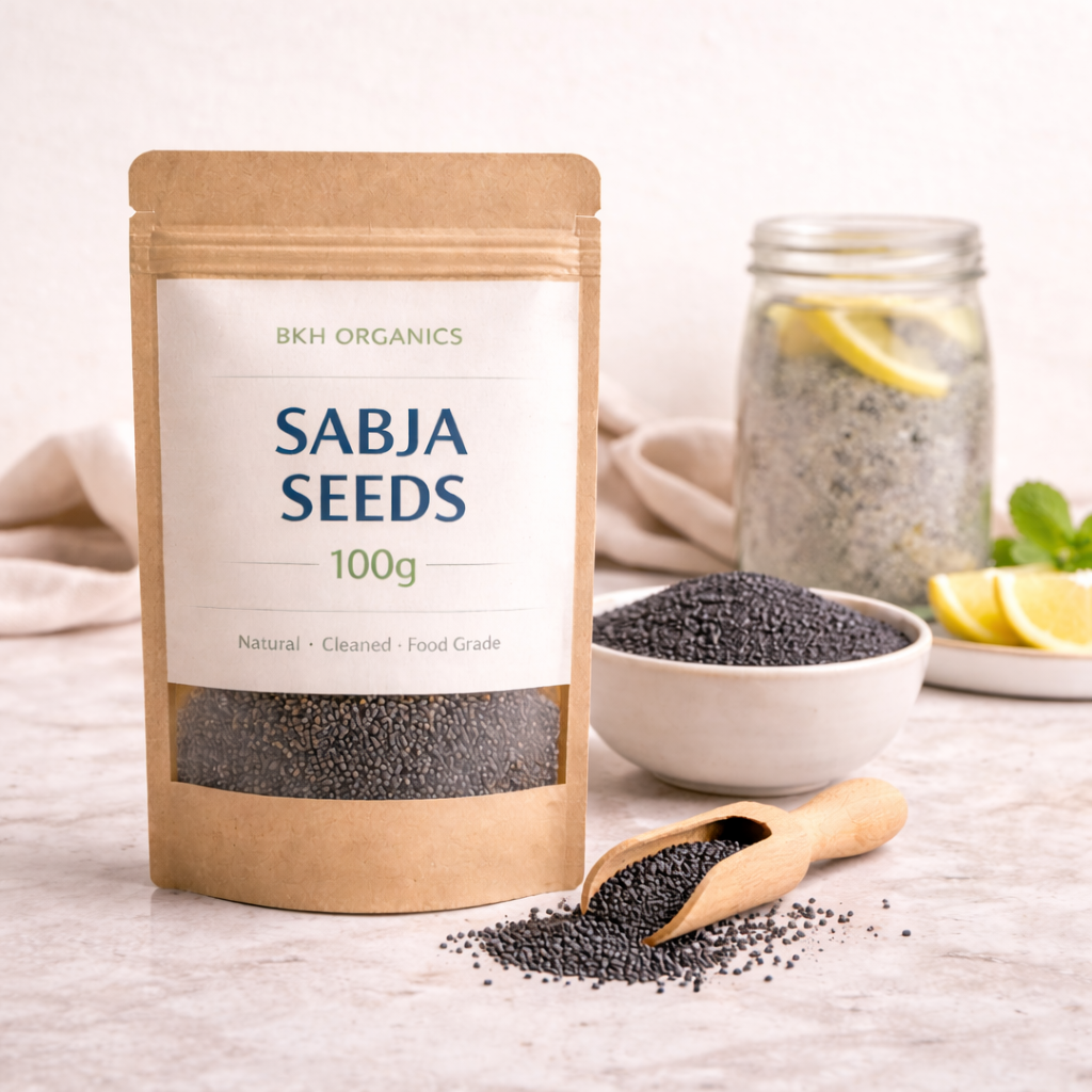 BKH Organics Sabja Seeds packaging with seeds on a table