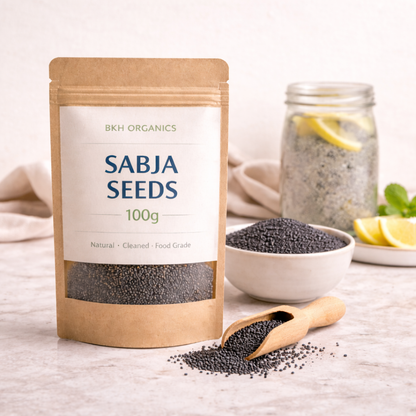 BKH Organics Sabja Seeds packaging with seeds on a table