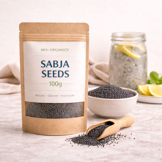 BKH Organics Sabja Seeds packaging with seeds on a table