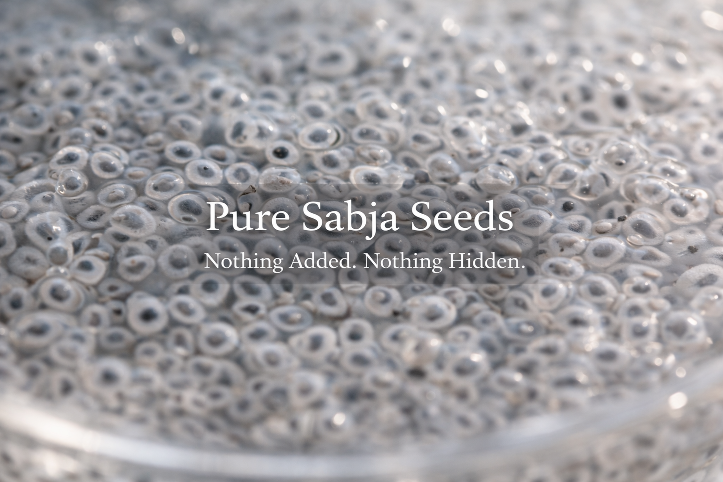 Close-up of sabja seeds with text 'Pure Sabja Seeds - Nothing Added, Nothing Hidden'.